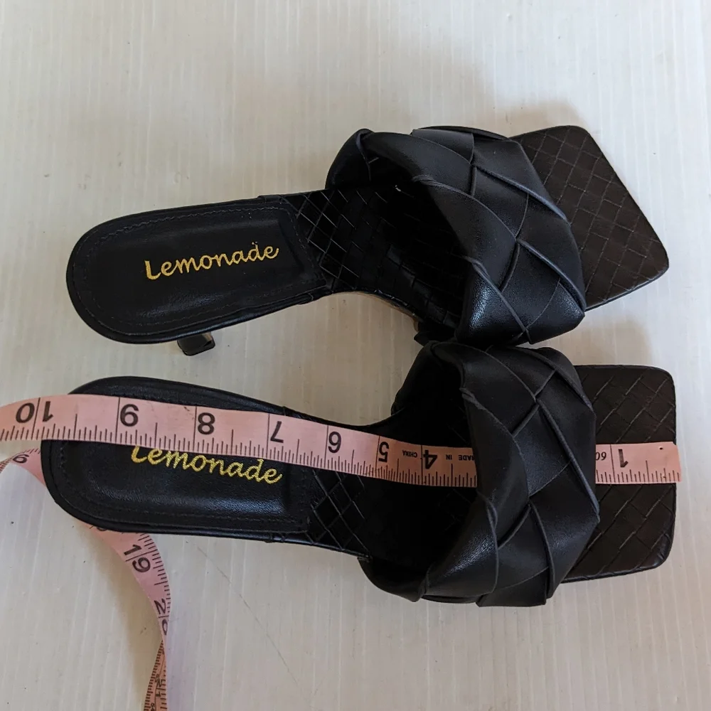 LEMONADE Turnitup black braided strap square toe stiletto heel sandals